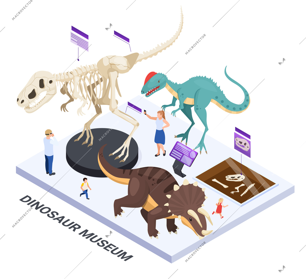 Family with kids visiting modern dinosaur museum exhibition with digital interactive displays info isometric composition vector illustration