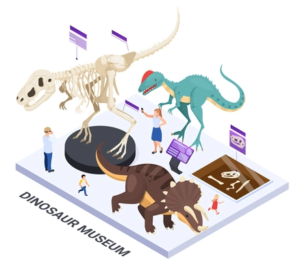 Family with kids visiting modern dinosaur museum exhibition with digital interactive displays info isometric composition vector illustration