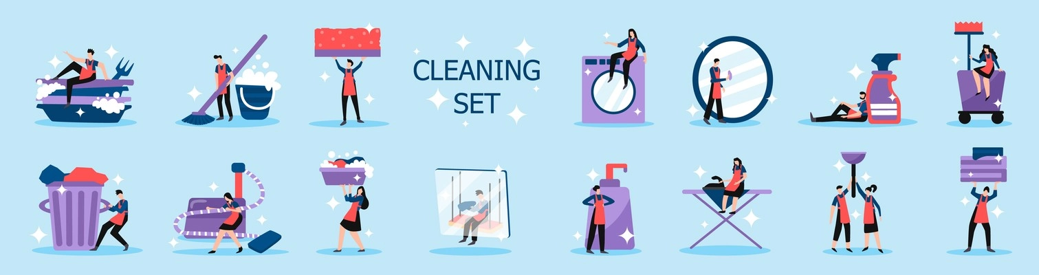 Household chores professional home and industrial cleaning service people tools flat icons set background isolated vector illustration