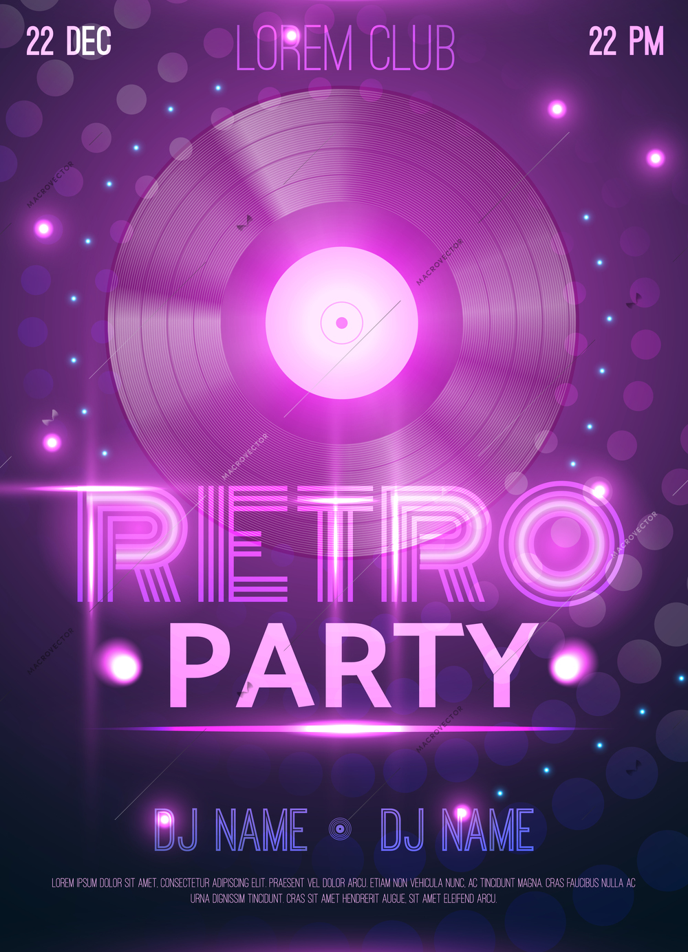 Retro party club announcement invitation poster with realistic vinyl record disc glowing purple lights background vector illustration
