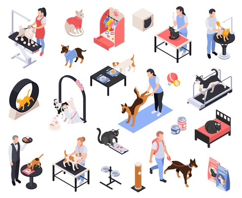 Pet services dogs grooming boarding walking fitness feeding vet examination vaccination isometric icons set isolated vector illustration