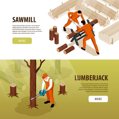 Isometric sawmill woodworking banners set with clickable buttons text and compositions of working people and wood vector illustration
