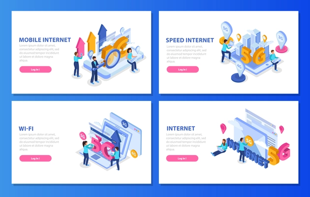 Set of isometric banners with 5g mobile speed internet and wifi compositions isolated on blue background 3d vector illustration