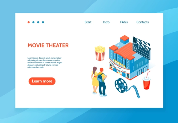 Isometric banner with two people going to cinema popcorn drink reel and clapper 3d vector illustration