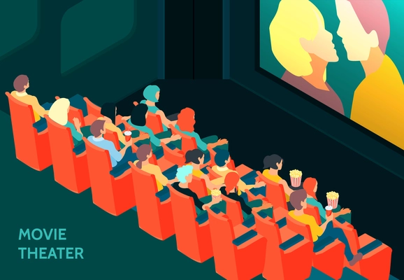 Audience in cinema hall watching scene with kissing couple 3d isometric vector illustration