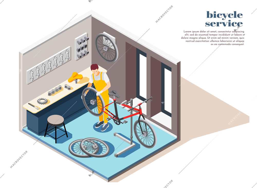 Bicycle repair maintenance service shop interior isometric composition with repairman replacing wheels changing flat tires vector illustration