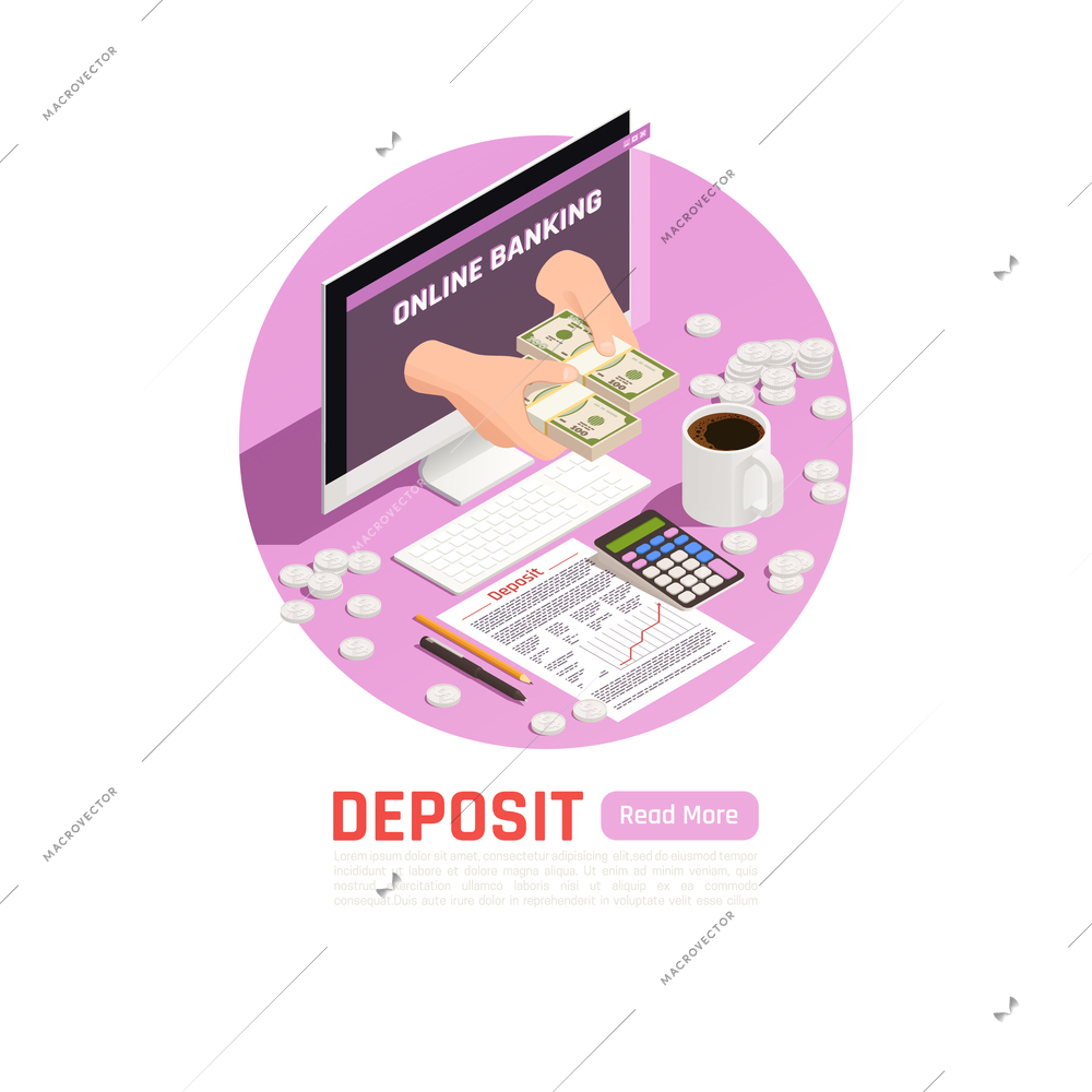 Wealth management isometric background with editable text and composition of workplace elements coins and money banknotes vector illustration