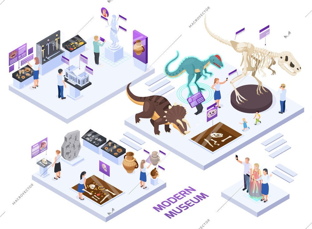 Modern natural history museum halls isometric set with fossils jars dinosaurs  interactive exhibits visitors experience vector illustration