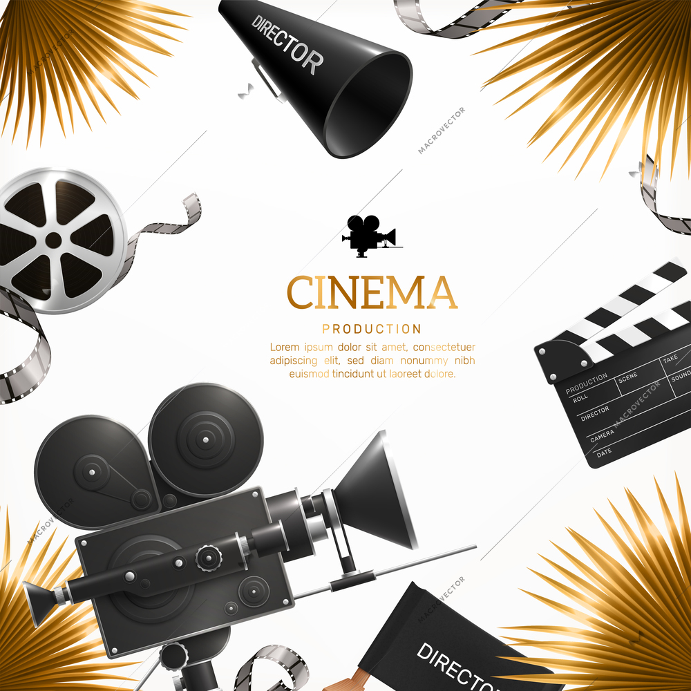 Cinema film production frame background with realistic images of camera and clapper surrounding editable text description vector illustration