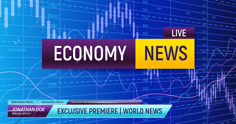 Breaking economy news composition with holographic diagrams background and box captions with editable text news ticker vector illustration