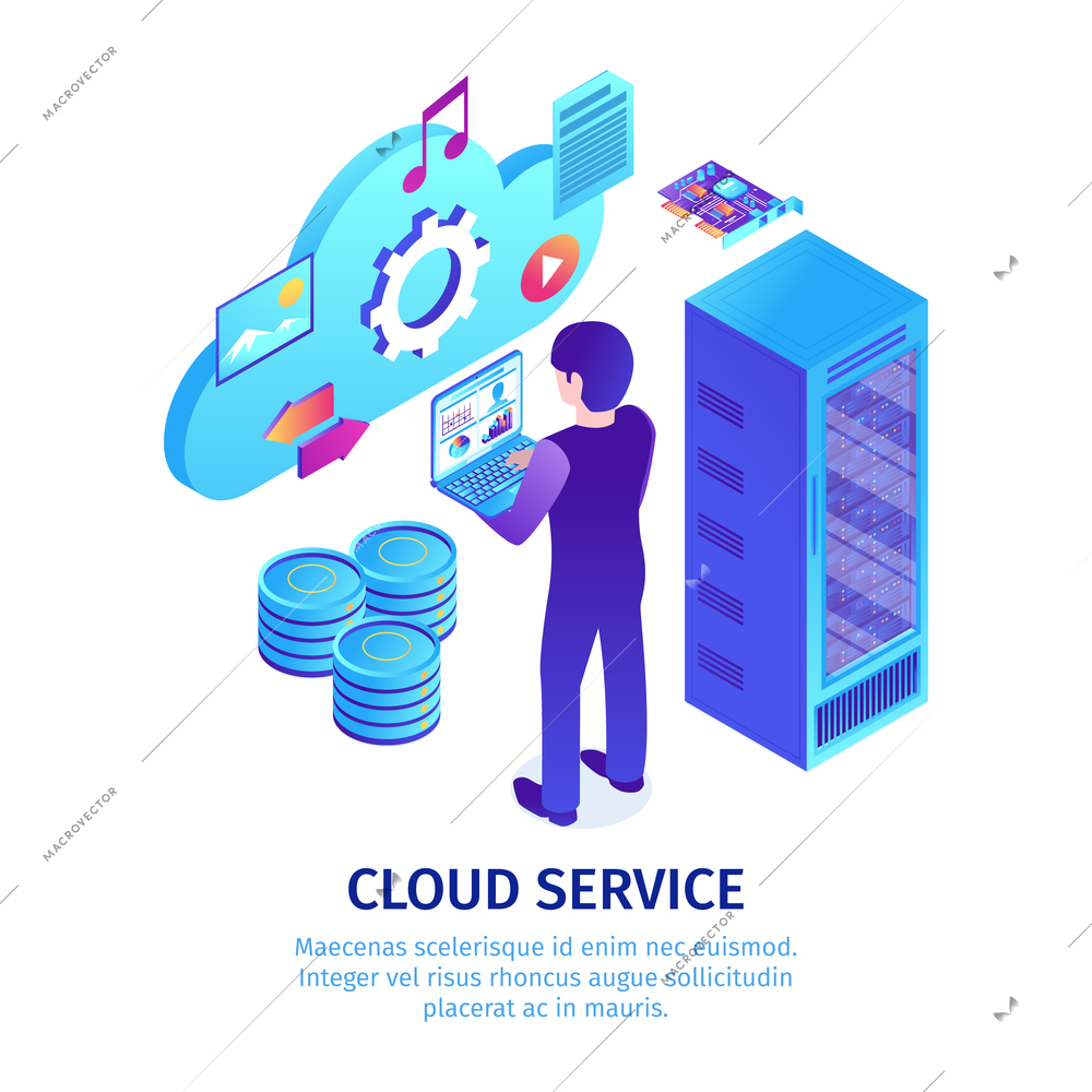 Isometric cloud service background with images of server infrastructure cabinet racks with pictograms and editable text vector illustration