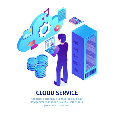 Isometric cloud service background with images of server infrastructure cabinet racks with pictograms and editable text vector illustration