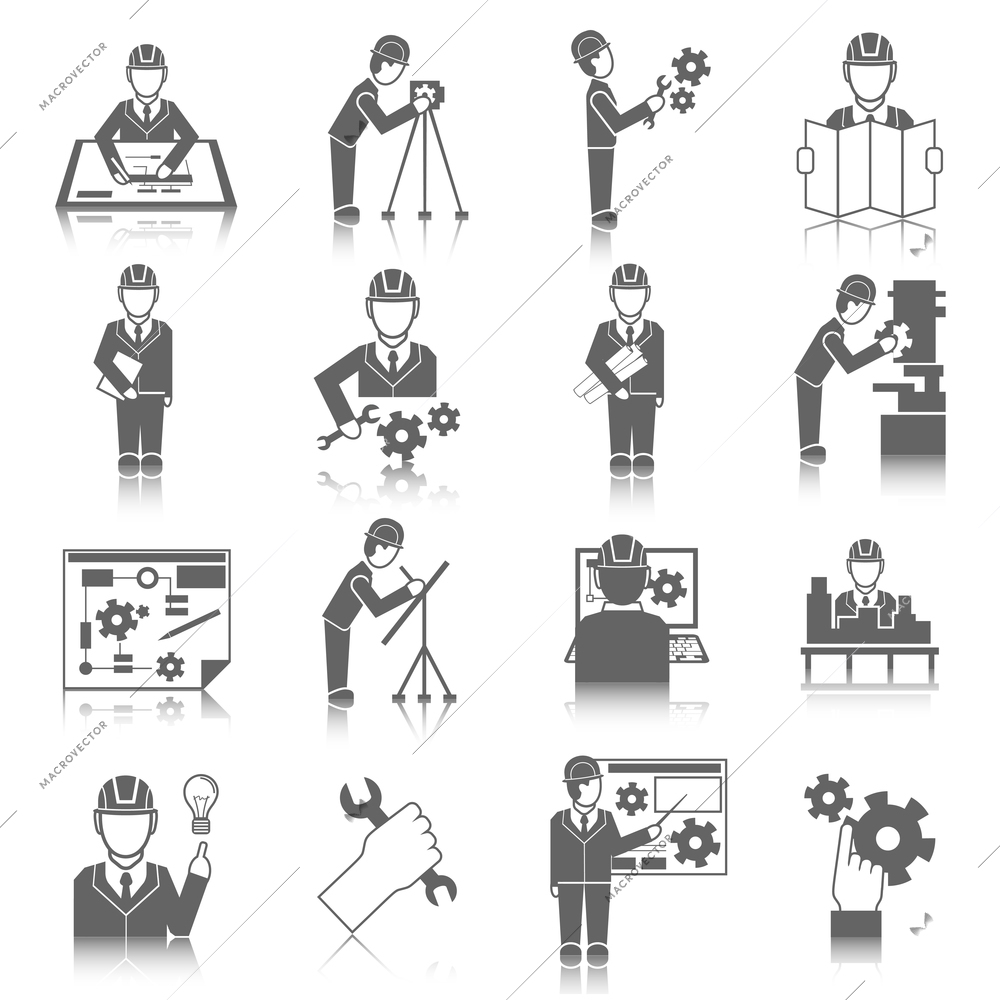 Set of construction industry engineer worker icons in gray color with reflection vector illustration