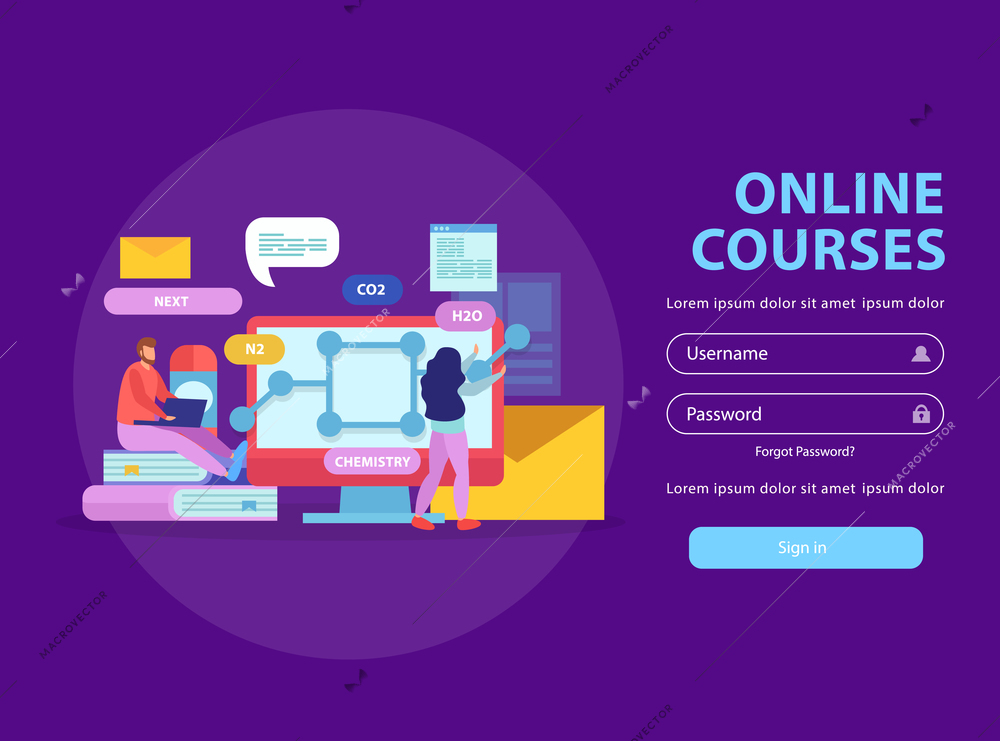 Online education flat background website login page with sign in button fields for username and password vector illustration