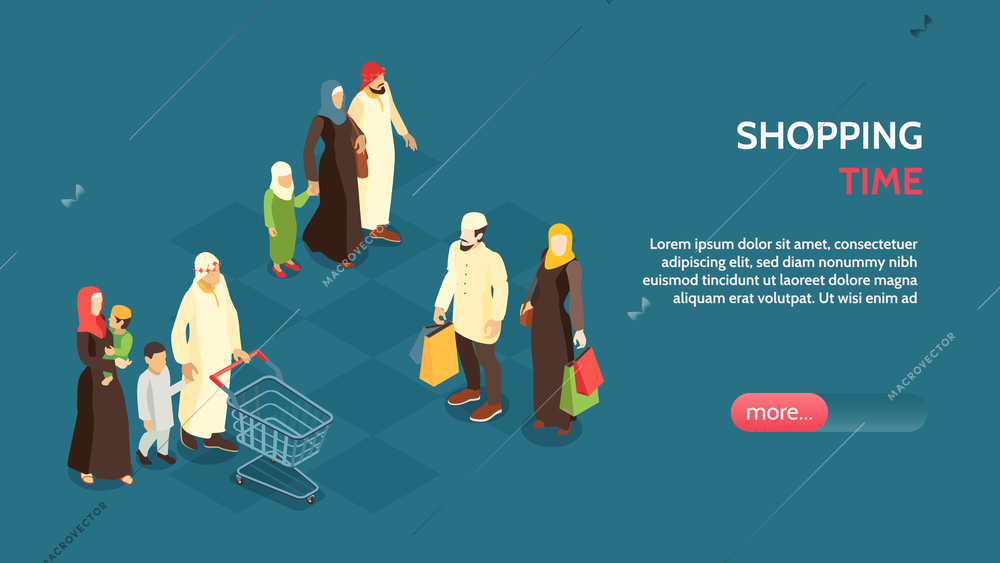 Isometric horizontal banner with arab families doing shopping 3d vector illustration