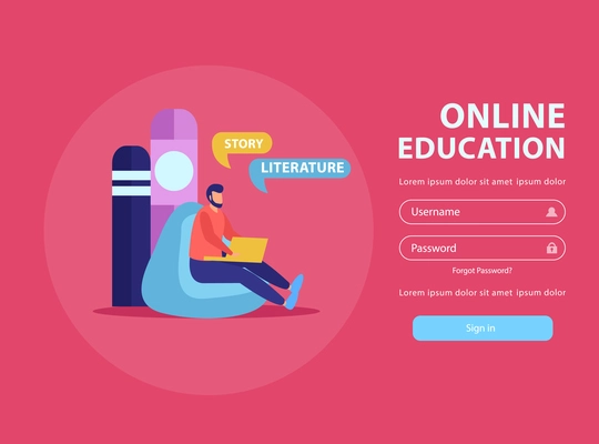 Online education flat background website sign in page with doodle images editable text and clickable button vector illustration