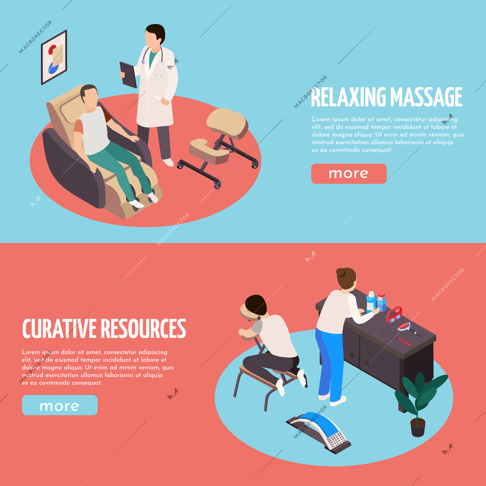 Set of two horizontal massage therapy isometric background banners with editable text buttons and human characters vector illustration