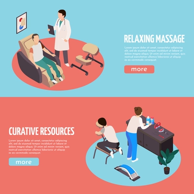 Set of two horizontal massage therapy isometric background banners with editable text buttons and human characters vector illustration