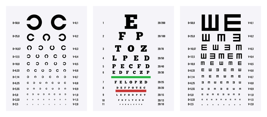 Eye test charts 3 medical realistic downloadable posters set to exam measure visual activity isolated vector illustration