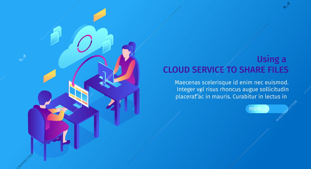 Isometric cloud service horizontal banner with people at computer desks and file sharing pictograms with text vector illustration
