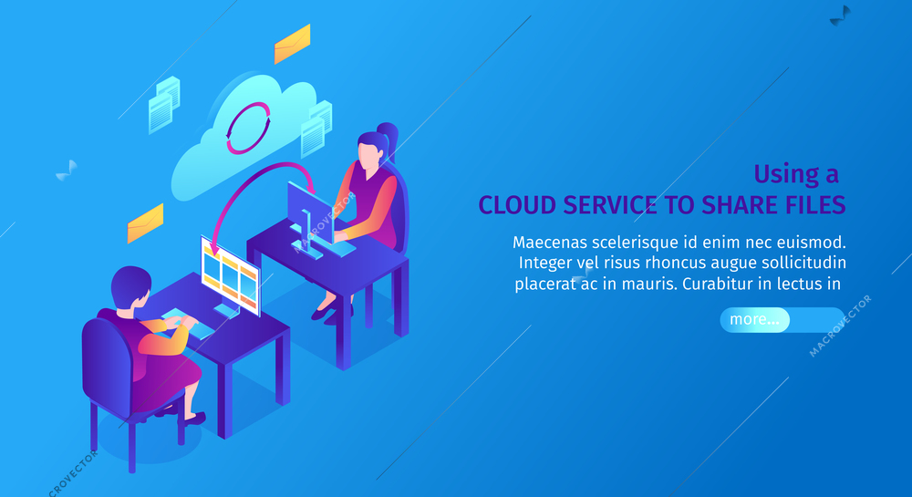 Isometric cloud service horizontal banner with people at computer desks and file sharing pictograms with text vector illustration