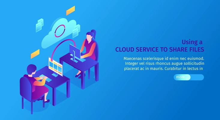 Isometric cloud service horizontal banner with people at computer desks and file sharing pictograms with text vector illustration