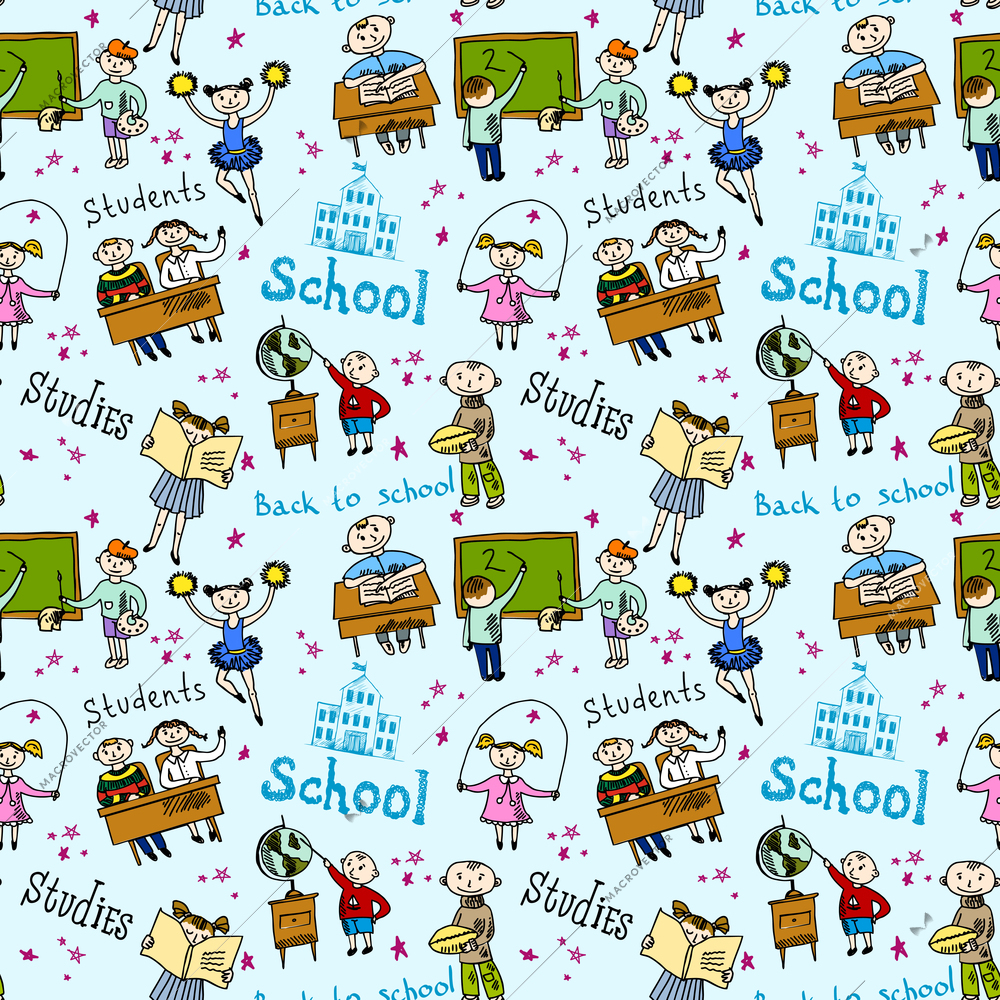 Kids drawing and writing formulas on chalkboard with school accessories background seamless doodle sketch pattern vector illustration