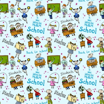 Kids drawing and writing formulas on chalkboard with school accessories background seamless doodle sketch pattern vector illustration