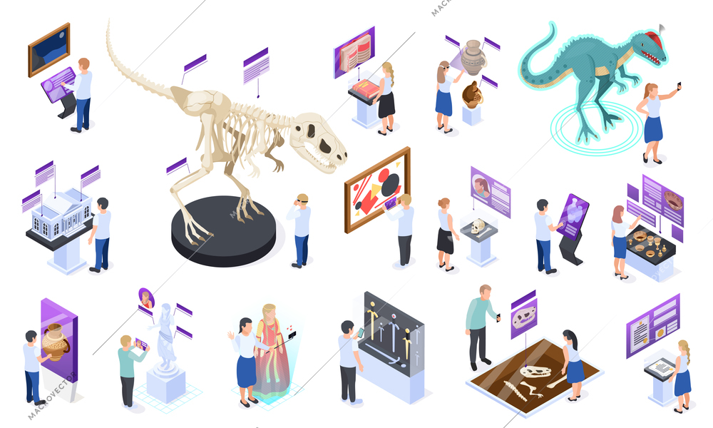 Modern museum exhibit interactive digital content isometric icons set with dinosaur skeleton virtual reality images vector illustration