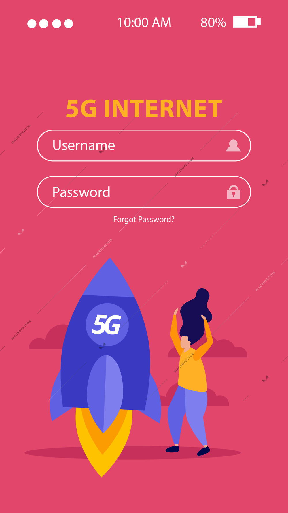 High speed internet mobile app design with username and password inputs and rocket sign flat vector illustration