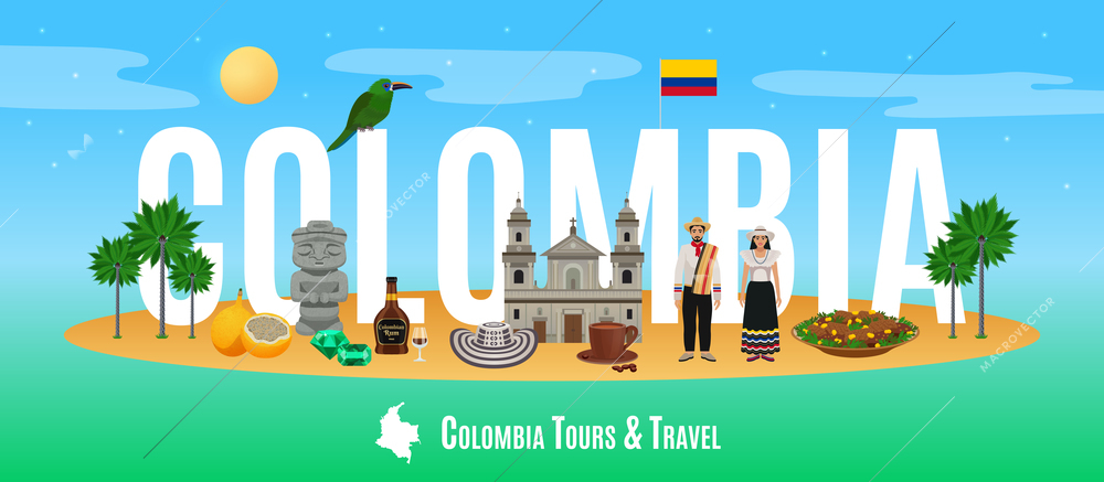 Colombia tourism concept with tours and travel offers symbols flat vector illustration