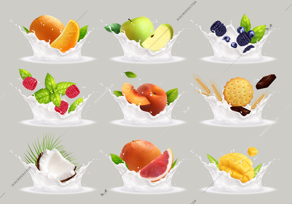 Fruits milk yogurt splashes realistic collection of isolated white yoghurt drops and whole fruits with slices vector illustration