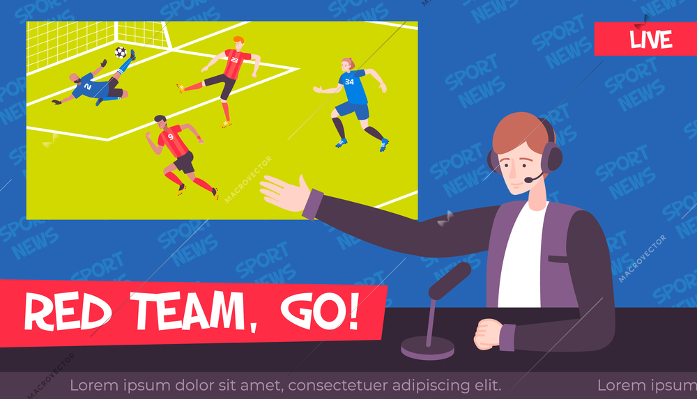 Sport news background composition with flat character of tv broadcaster editable text lines and football game vector illustration