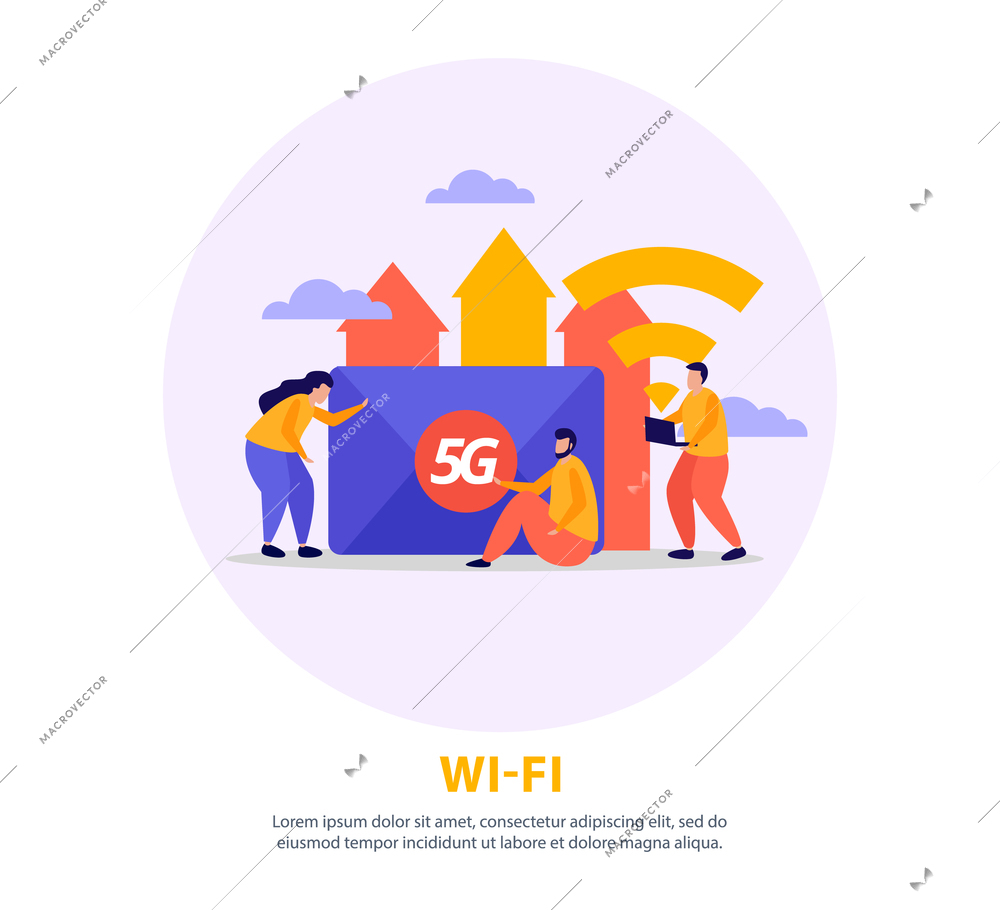 Wifi connection round background with people using fifth generation of high speed internet flat vector illustration