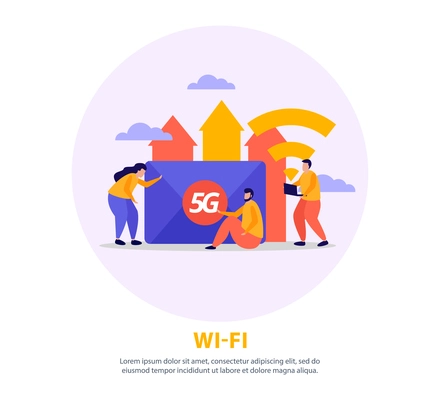 Wifi connection round background with people using fifth generation of high speed internet flat vector illustration