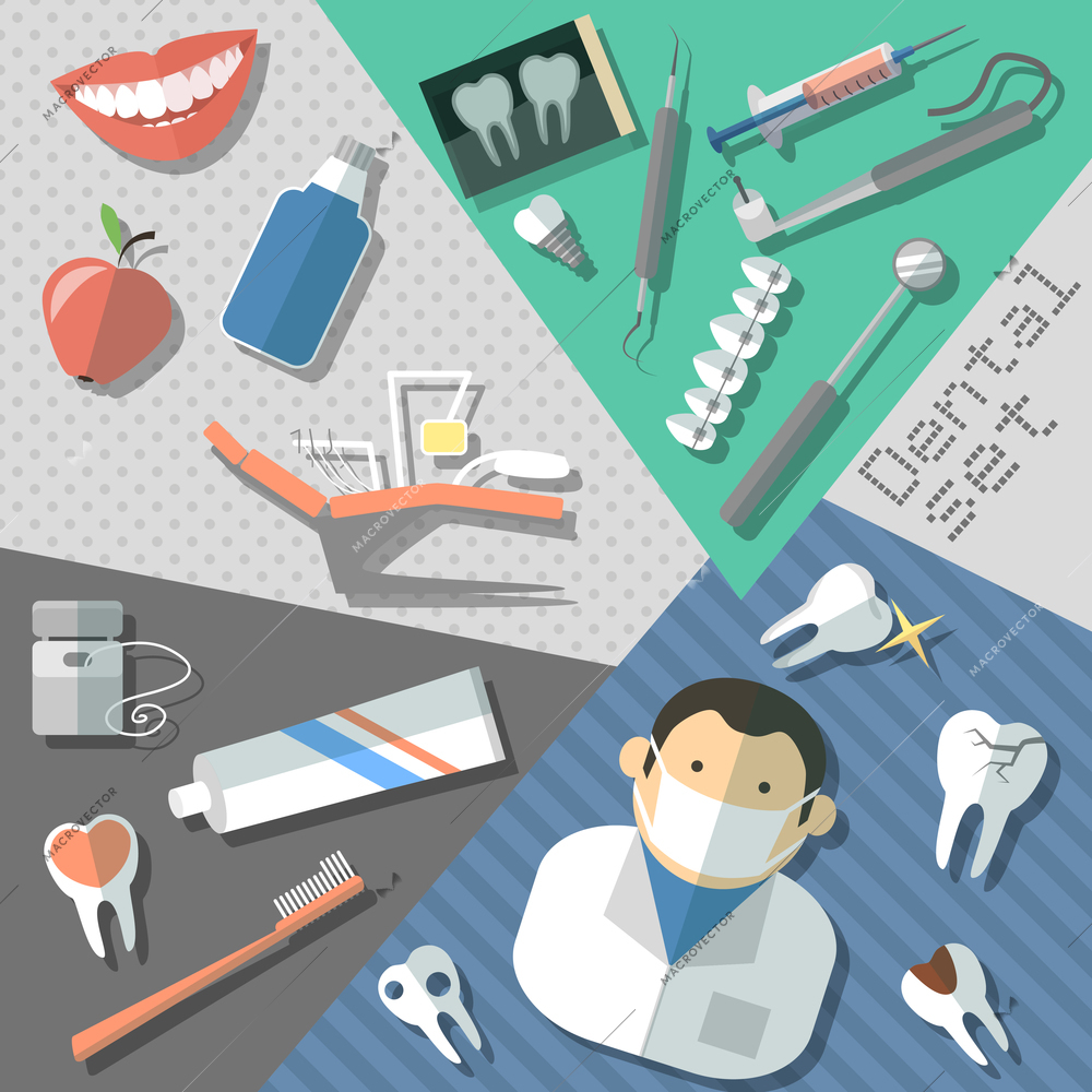 Dental teeth healthcare instruments stickers set isolated vector illustration