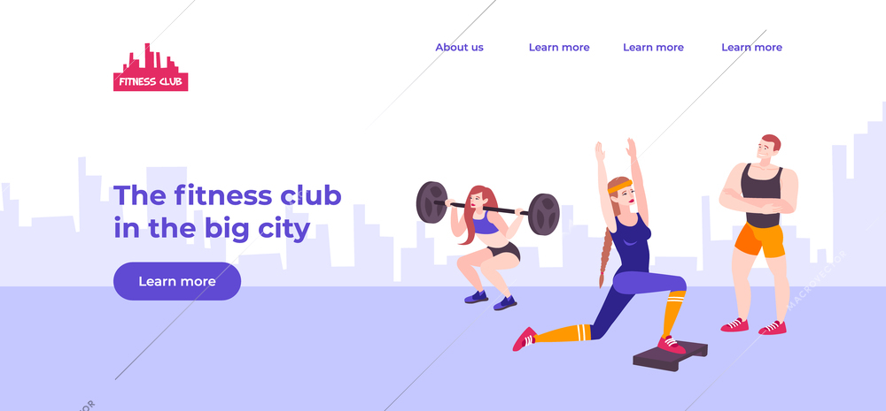 Fitness center website landing page design with clickable links silhouette of cityscape background and athletic people vector illustration