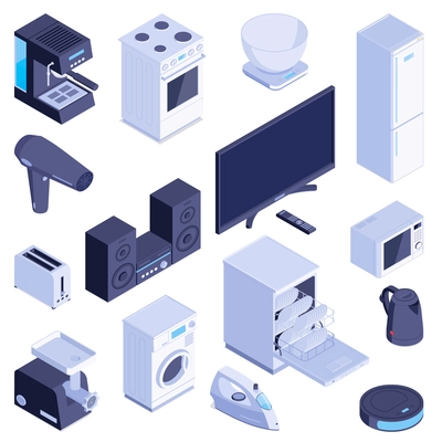 Set with isolated isometric images of household appliances modern domestic machines for home on blank background vector illustration