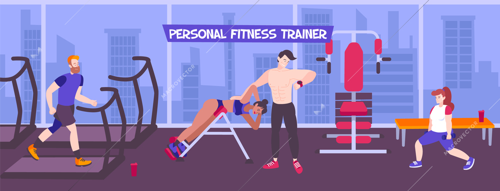 Personal coach sport background with indoor view of fitness hall with panoramic windows cityscape and people vector illustration