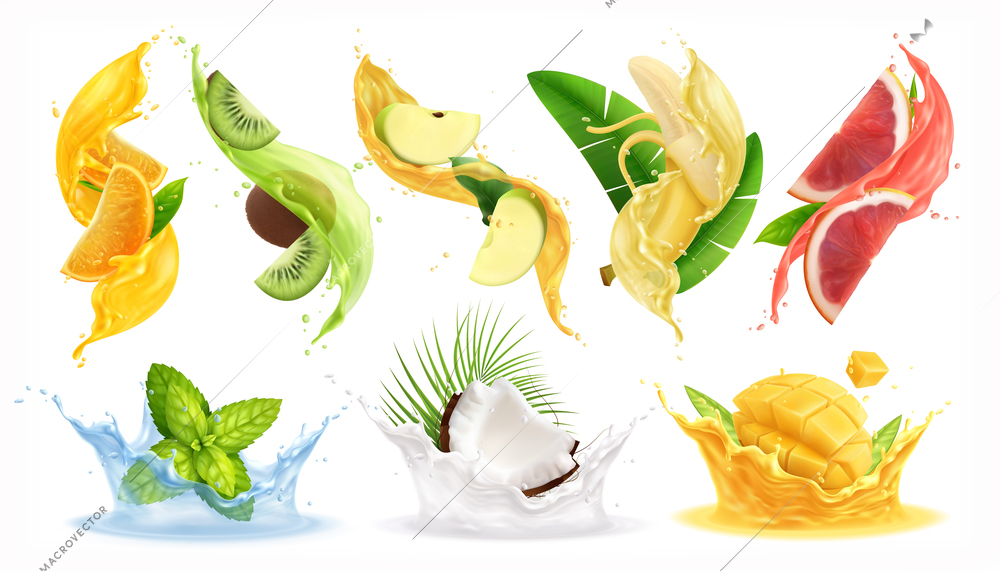 Fruits vegetables juice splashes set with isolated slices of fruits leaves and colourful drops of liquid vector illustration