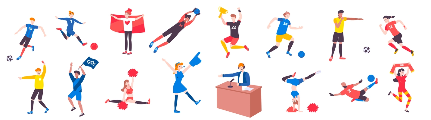 Football player flat set of isolated doodle style human characters with cheerleaders fans referees and broadcaster vector illustration