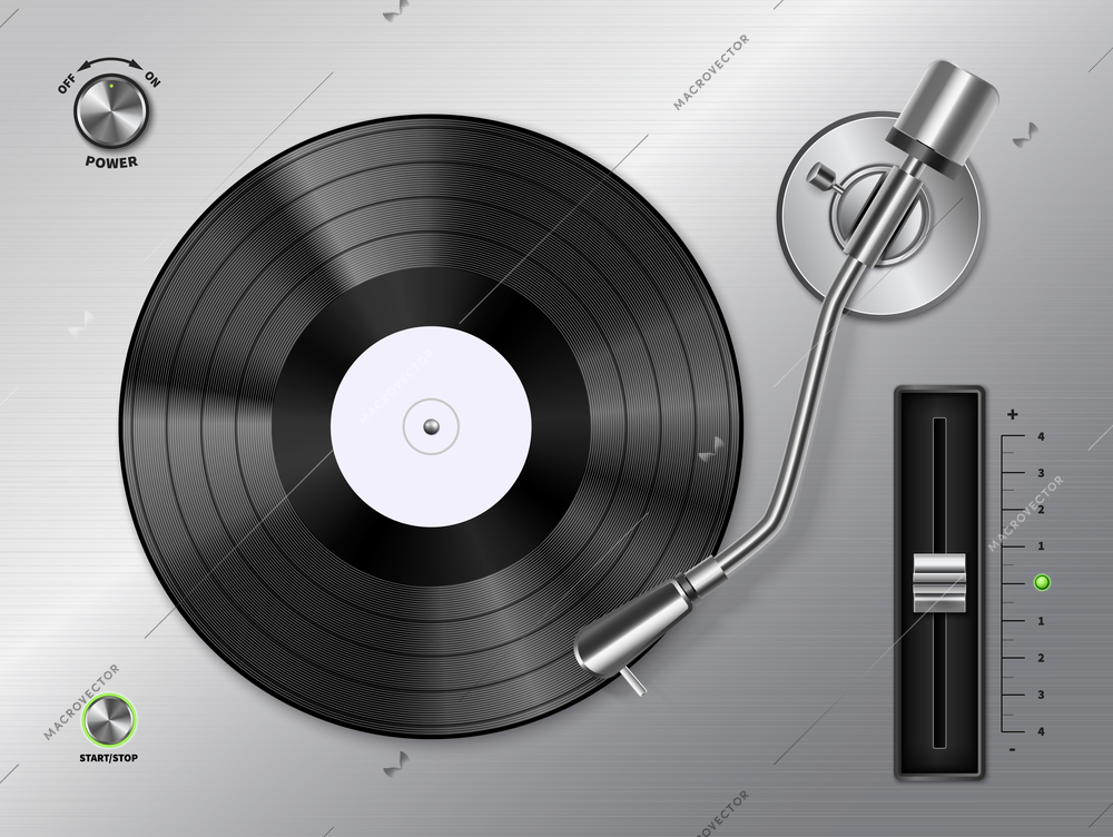 Vinyl record disc playing on turntable player closeup top view realistic black white retro image vector illustration