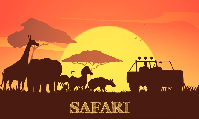 Beautiful african sunset safari background poster with giraffe elephant zebra acacia trees and jeep silhouettes vector illustration