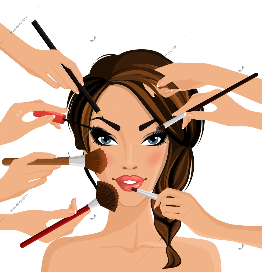 Many hands with cosmetics brush doing make up of glamour girl vector illustration