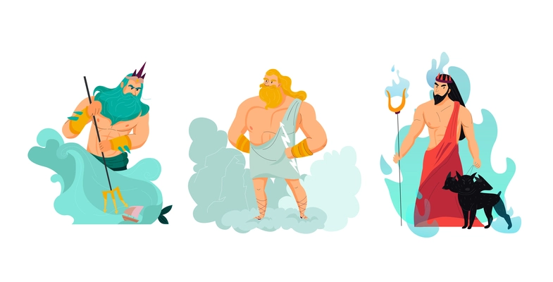 Cartoon greek gods poseidon zeus and hades isolated vector illustration