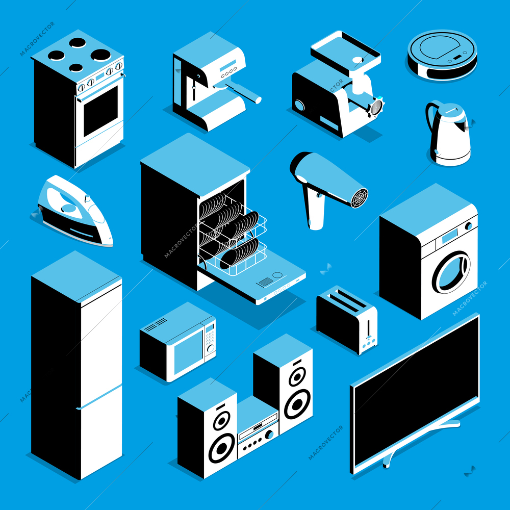 Isometric household appliances tree colors set with isolated images of home machines for domestic use vector illustration