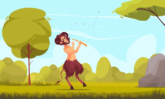 Greek mythological creatures cartoon composition with young satyr centaur nature spirit playing flute in grassy meadow vector illustration