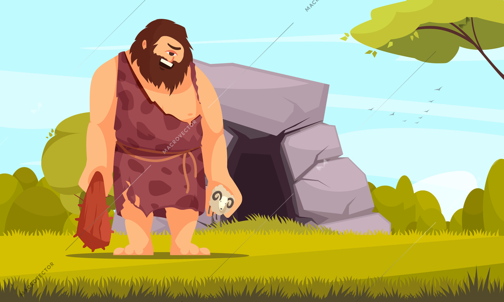 Mythical creatures flat composition with giant one eye cyclops with bludgeon in front of cave vector illustration