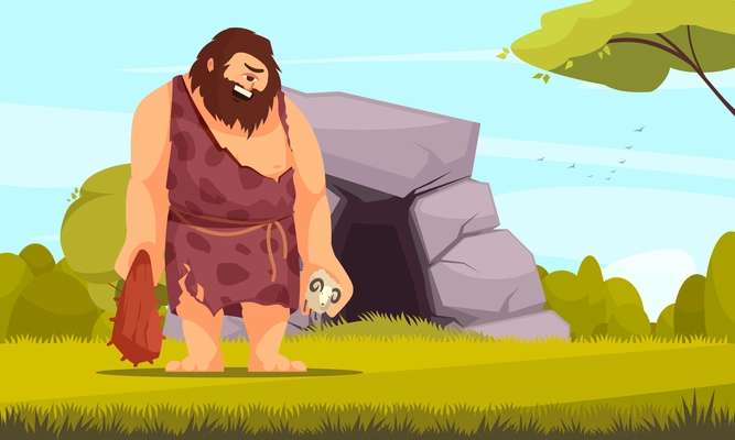 Mythical creatures flat composition with giant one eye cyclops with bludgeon in front of cave vector illustration