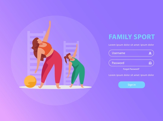 Motherhood flat background with mum and daughter doing fitness at gym vector illustration